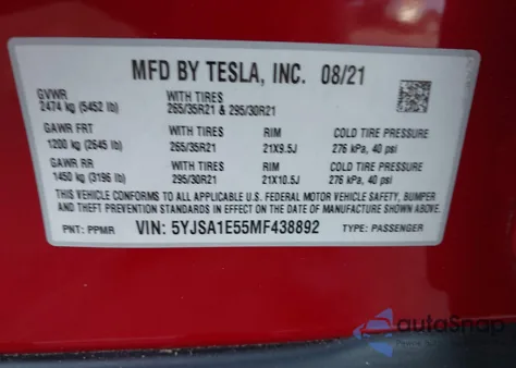 2021 Tesla Model S Long Range Dual Motor All-Wheel Drive from USA, damaged, VIN 5YJSA1E55MF438892